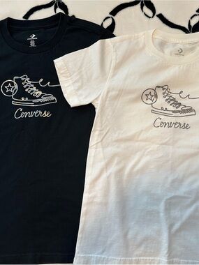 2 Converse Women XS Black & White Sneaker Outline Graphic Tees